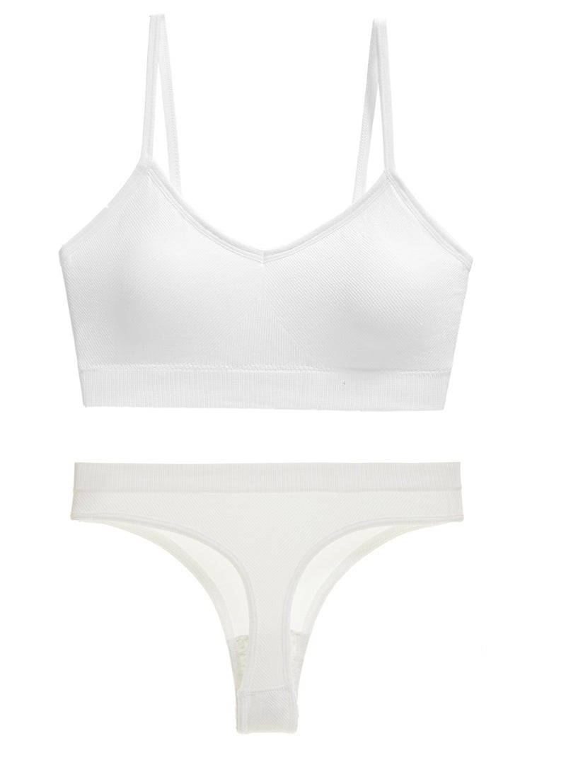 Loquat Women's Solid Color Lingerie Set 2-piece Seamless Wireless Bra+Low Waisted Thong Shorts Sport Suit White