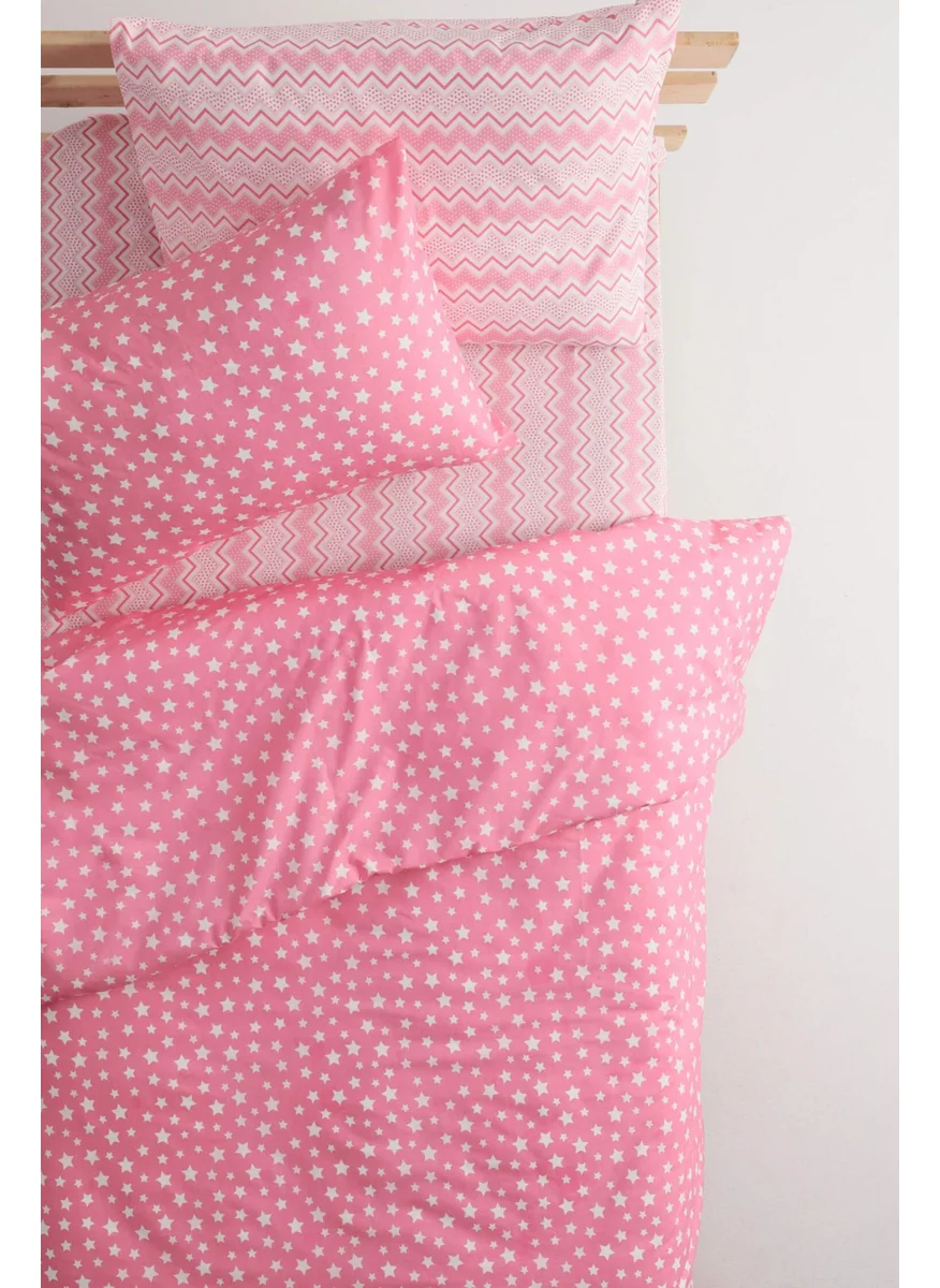 Favora Star Cotton Single Duvet Cover Set with Fitted Sheets - Pink