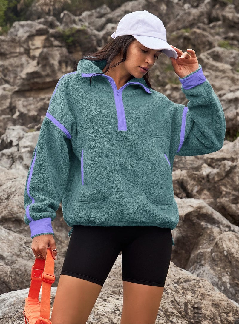 Yanekop 1/4 Zip Pullover Women Zip Up Sweatshirt Fleece Pullover Christmas Sweaters Long Sleeve V Neck Sweaters(Dark Green,S) - Image 3