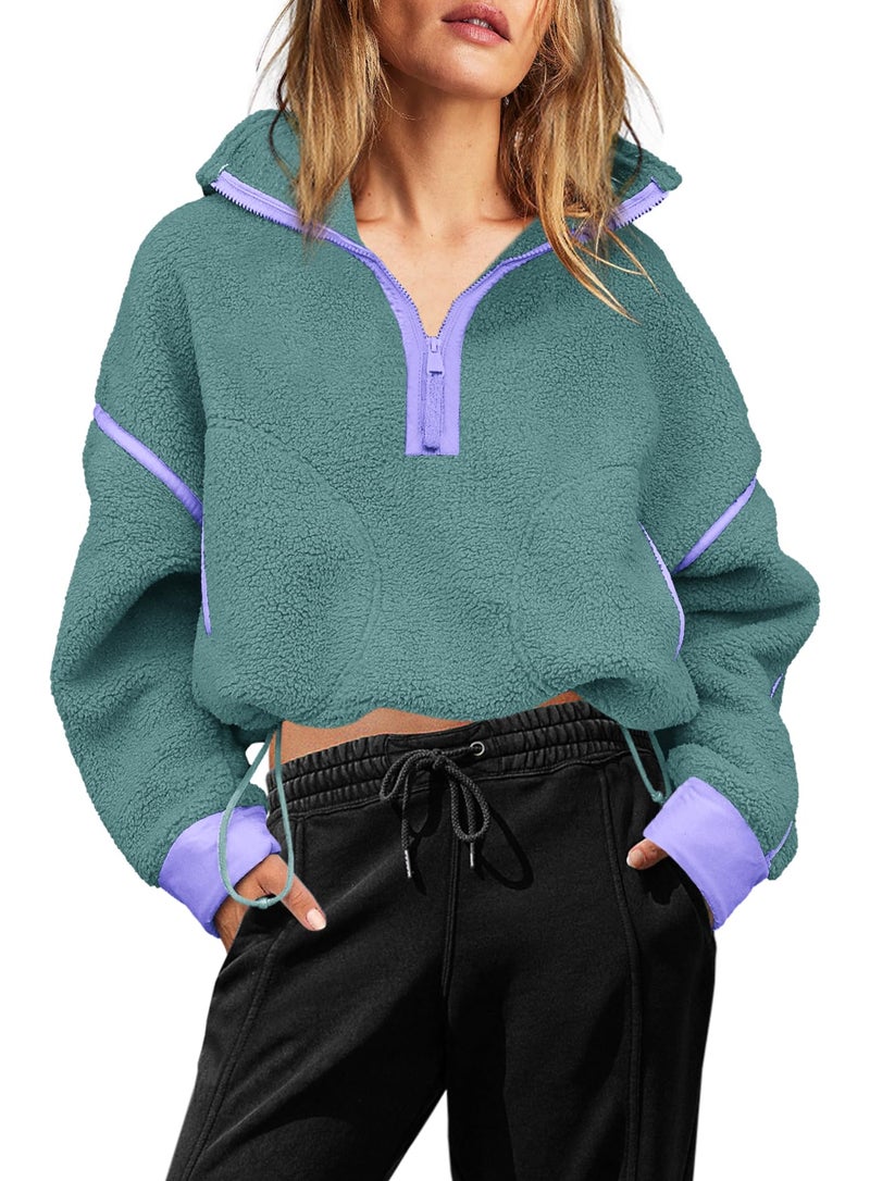 Yanekop 1/4 Zip Pullover Women Zip Up Sweatshirt Fleece Pullover Christmas Sweaters Long Sleeve V Neck Sweaters(Dark Green,S) - Image 2