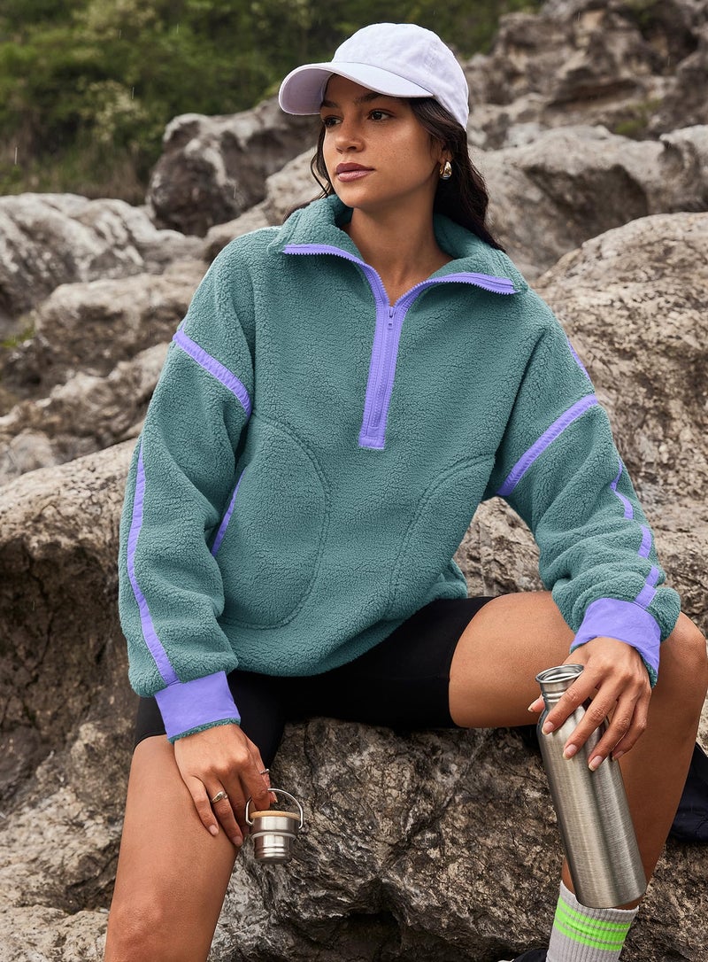 Yanekop 1/4 Zip Pullover Women Zip Up Sweatshirt Fleece Pullover Christmas Sweaters Long Sleeve V Neck Sweaters(Dark Green,S) - Image 5