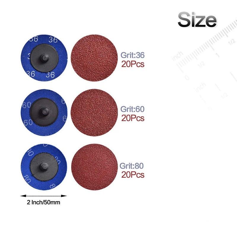 Tshya Quick Change Roll Lock Disc, 60 Pcs 36/60/80 Grit 2 inch Sanding Discs Aluminum Oxide Coated Die Grinder Accessories, for Surface Prep (Mixup) - Image 2