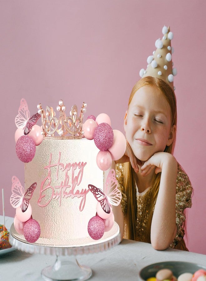 LEFUBABY Balls Cake Toppers Happy Birthday Crown Tiara Cake Toppers for Birthday Wedding Baby Shower Party Decorations (Rose Gold Pink) - Image 3