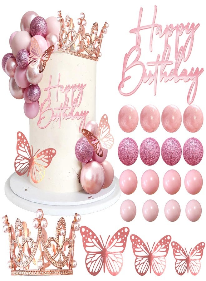 LEFUBABY Balls Cake Toppers Happy Birthday Crown Tiara Cake Toppers for Birthday Wedding Baby Shower Party Decorations (Rose Gold Pink) - Image 1