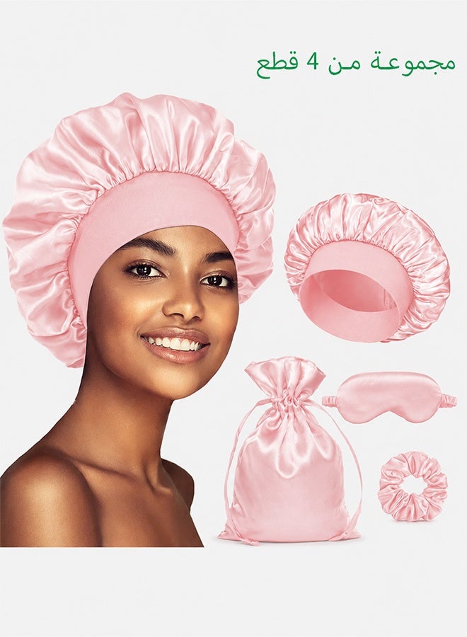 4 Piece Satin Sleep Cap Set - Hair-Caring Bonnet with Matching Eye Mask & Scrunchie, Elastic Black Night Cap for Comfortable Sleep（Pink）