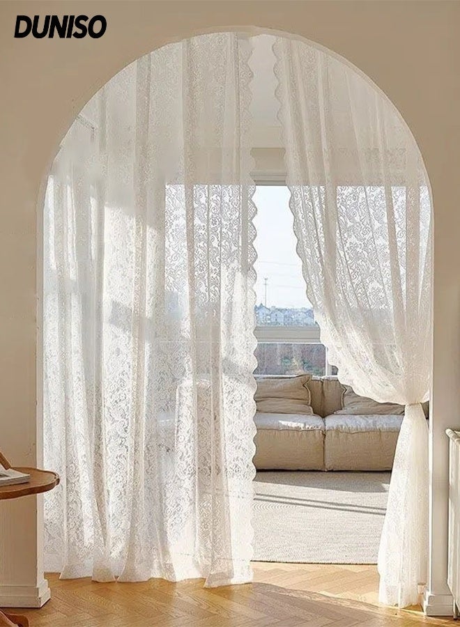 DUNISO 2 PCS Lace Kitchen Curtains for Living Room Bedroom，Light Filtering French Window decoration ,Sheer Curtains with velcro,1.45*1.9m（Pearl white) - Image 1