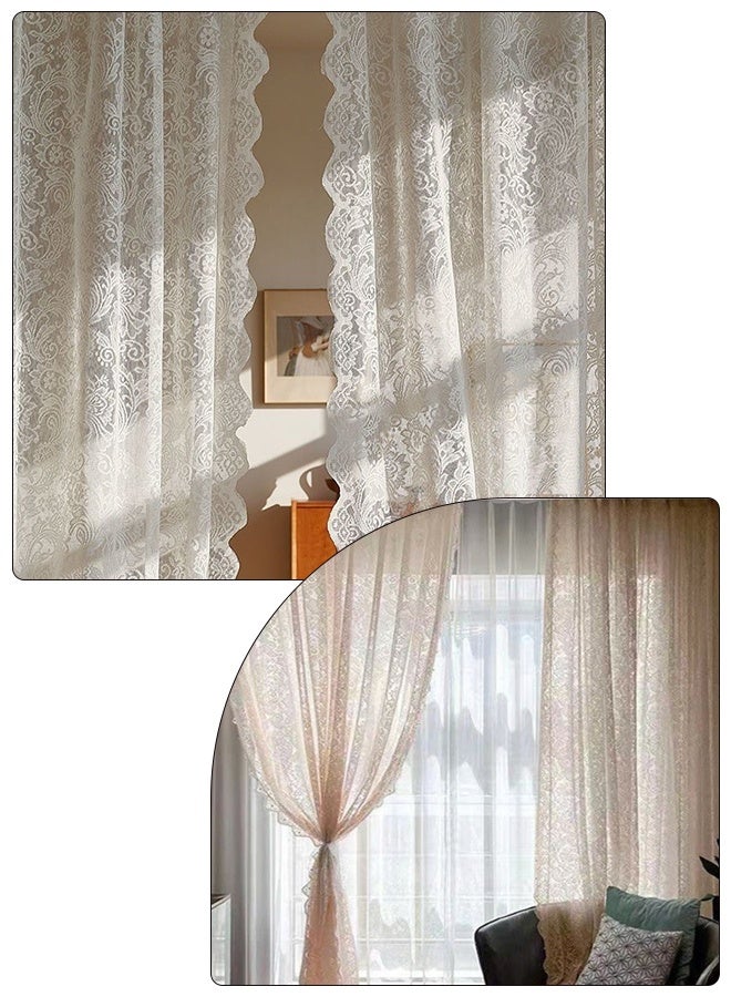 DUNISO 2 PCS Lace Kitchen Curtains for Living Room Bedroom，Light Filtering French Window decoration ,Sheer Curtains with velcro,1.45*1.9m（Pearl white) - Image 5