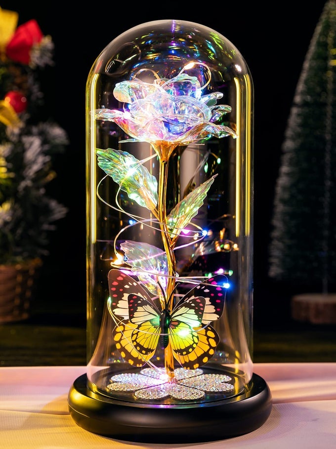 MOTHERS DAY ROSE GIFTS FOR MOM GALAXY GLASS ROSE FOREVER ETERNAL CRYSTAL FLOWER LIGHT UP ROSE IN GLASS DOME WITH BUTTERFLY MOTHERS DAY BIRTHDAY GIFTS FOR WOMEN MOM WIFE GRANDMA DAUGHTER COLORFUL