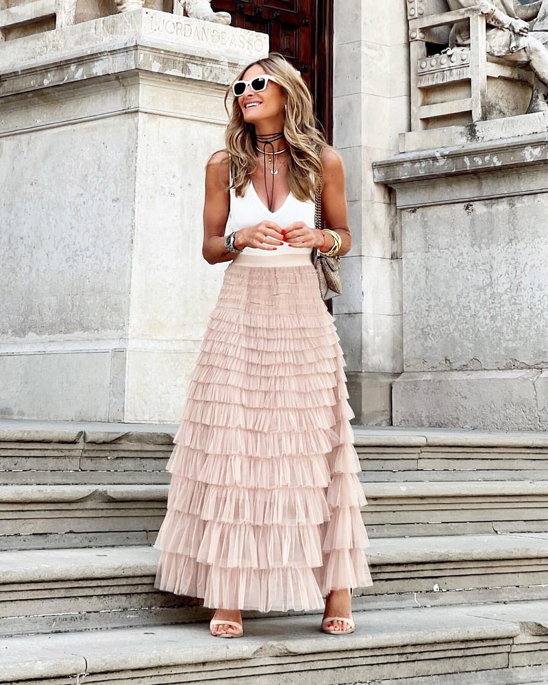 Gratoryna Womens Long Maxi Tulle Skirt A Line Ruffle Mesh High Waisted Tiered Layered Skirts Petticoat(Pink-M) - Image 2