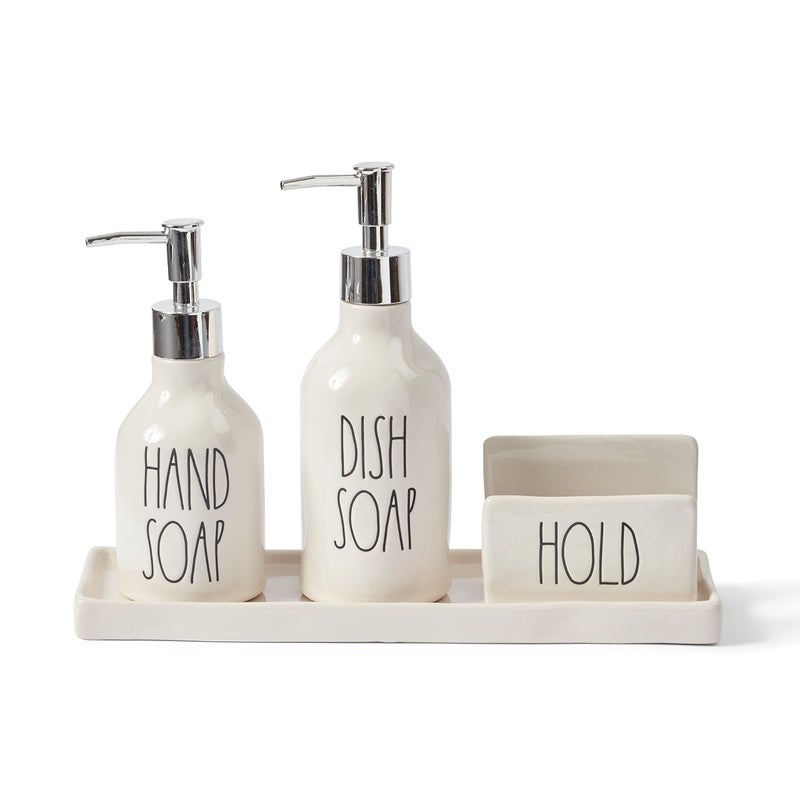 RAE DUNN BY MAGENTA Rae Dunn KitchenSink Soap Dispenser Set Hand Soap and Dish Soap Dispenser for Kitchen with Sponge Holder and Tray 