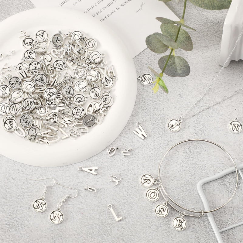 SANNIX 156Pcs/6 Sets Letter Charms, Alphabet ABC Letter Charms 3 Styles Capital A-Z DIY Bracelet Necklace Pendants with 200Pcs Open Jump Rings for Jewelry Making, Antique Silver - Image 4