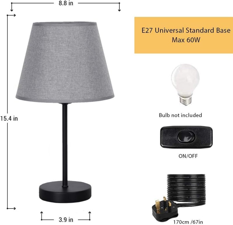 LIANTRAL Bedside Table Lamps Set of 2, Classic Nightstand Lamps with Grey Fabric Shades & Black Metal Base, Push Button Switch, Warm Lighting for Bedroom, Living Room, Office - Image 2