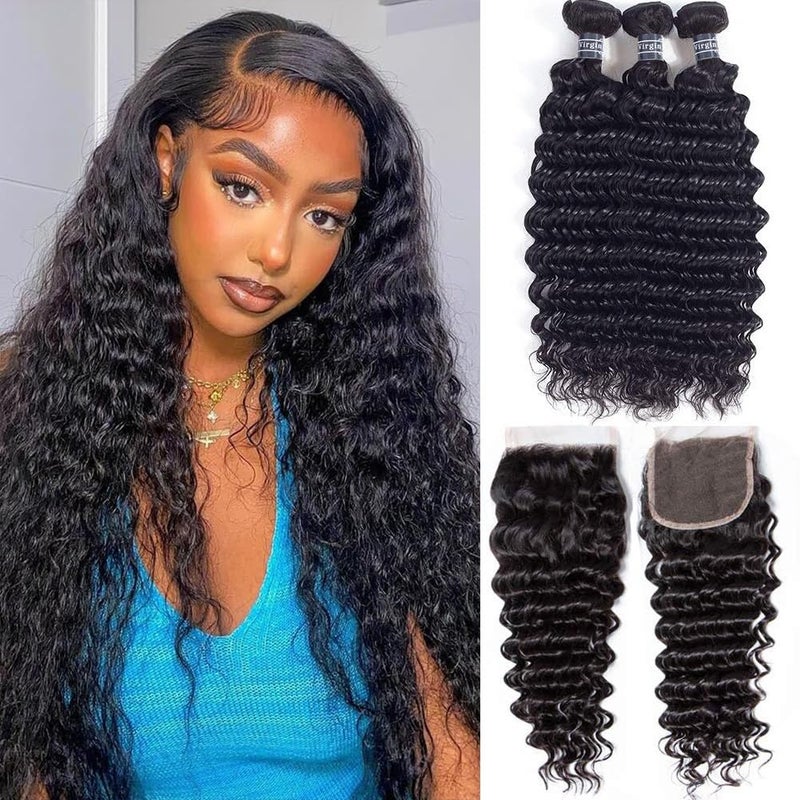 Amella Hair Brazilian Deep Wave with Closure 100 Unprocessed Human Hair 8A Grade Brazilian Virgin Hair 4x4 Lace Closure Natural Color Hair Weave 12 14 16 10 Inch Free Part Closure