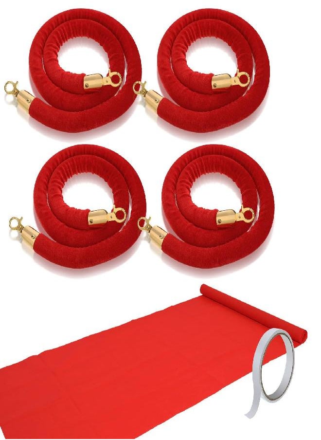 Riakrum - Red Carpet Runner 2.6 x 15 ft Red Carpet Aisle Runner Rug 55gsm Thickness with 4 Pieces Red Velvet Stanchion Rope Crowd Control Rope Barrier with Gold Color Plated Hooks, 5 Feet - Image 1
