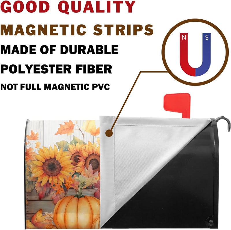 Farg Autumn Fall Thanksgiving Mailbox Covers Harvest Sunflowers Maple Leaf Pumpkin Bird Mailbox Post Cover Letter Box for Garden Standard Size 21x18 in for Yard Home Decor - Image 3