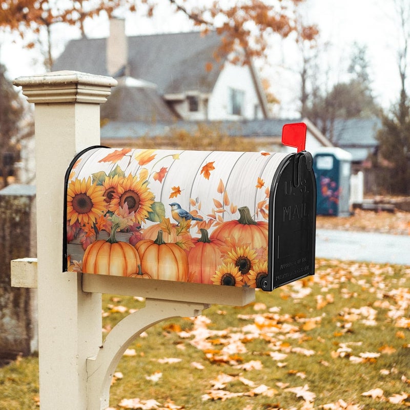 Farg Autumn Fall Thanksgiving Mailbox Covers Harvest Sunflowers Maple Leaf Pumpkin Bird Mailbox Post Cover Letter Box for Garden Standard Size 21x18 in for Yard Home Decor - Image 5