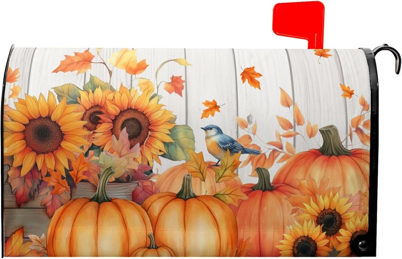 Farg Autumn Fall Thanksgiving Mailbox Covers Harvest Sunflowers Maple Leaf Pumpkin Bird Mailbox Post Cover Letter Box for Garden Standard Size 21x18 in for Yard Home Decor - Image 1