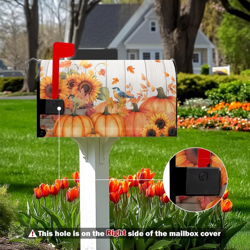 Farg Autumn Fall Thanksgiving Mailbox Covers Harvest Sunflowers Maple Leaf Pumpkin Bird Mailbox Post Cover Letter Box for Garden Standard Size 21x18 in for Yard Home Decor - Image 2