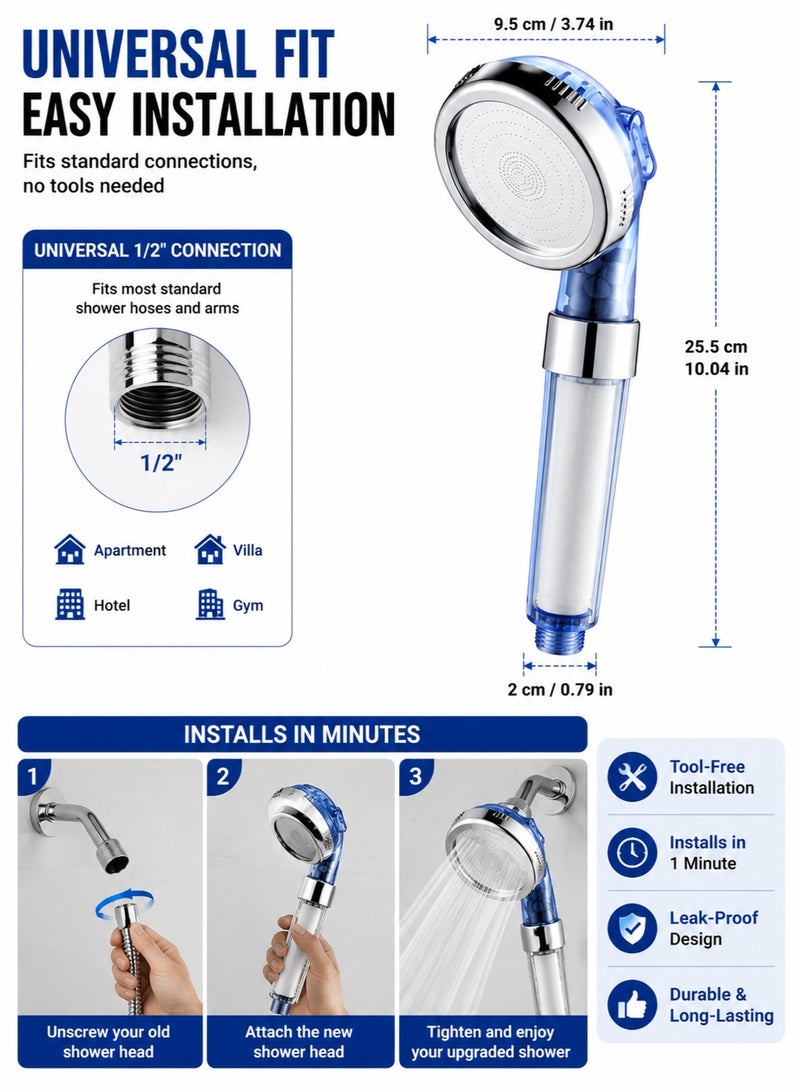 MACAIIROOS High Pressure 3-Mode Handheld Shower Head with Filter – Water Saving Bathroom Showerhead, Universal Easy Install, Anti-Clog Nozzle Spa Rain Spray Shower Head for Home Bathroom Upgrade - Image 5