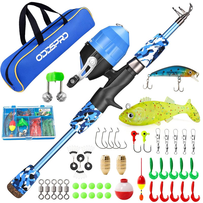 ODDSPRO Kids Fishing Pole Kids Fishing Starter Kit with Tackle Box Reel Practice Plug Beginners Guide and Travel Bag for Boys Girls