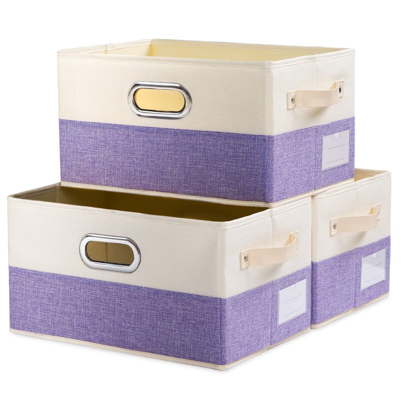 PRANDOM Large Fodable Storage Bins for Closet 3Pack Decorative Fabric Storage Baskets Cubes with LeatherMetal Handles for Shelves Bedroom Living Room PurpleCream 149x98x83 Inch