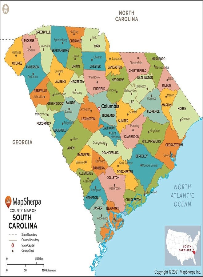 MapSherpa خريطة مقاطعات ولاية كارولاينا الجنوبية - قياسية - 36 بوصة × 29 بوصة، مغلفة - Image 1
