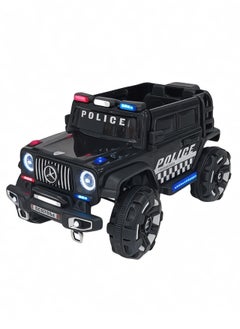 Electric car for children with two motors and a 12-volt battery with openable doors, lights, rocking mode, music, remote control, and a police alarm for an exciting and fun driving experience.