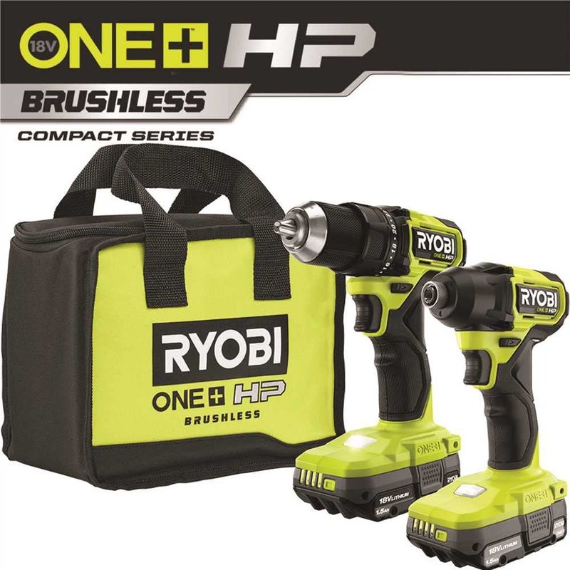 Ryobi مجموعة مثقاب ومفك تأثير ريوبي ONE+ HP 18V بدون فرشاة لاسلكي مضغوط 1/2 بوصة مع (2) بطاريات 1.5 Ah، شاحن وحقيبة - Image 1