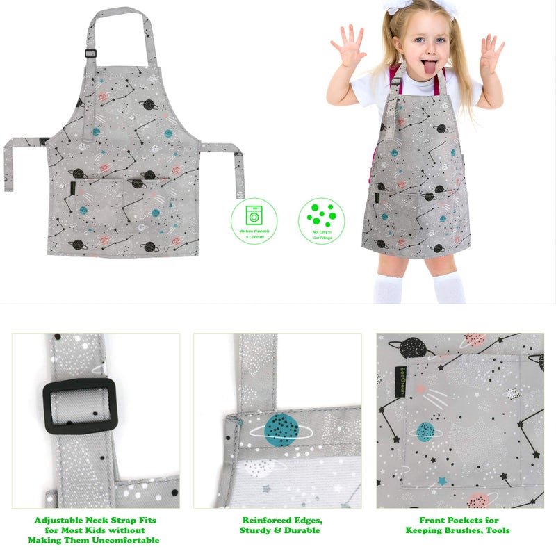 BeeGreen Rocket Planet Kids 2 Pack Cooking Aprons with Adjustable Strap Kids Kitchen Aprons with Front Pocket for Girls Toddler Painting Baking Artist Washable Foldable Lightweight - Image 3