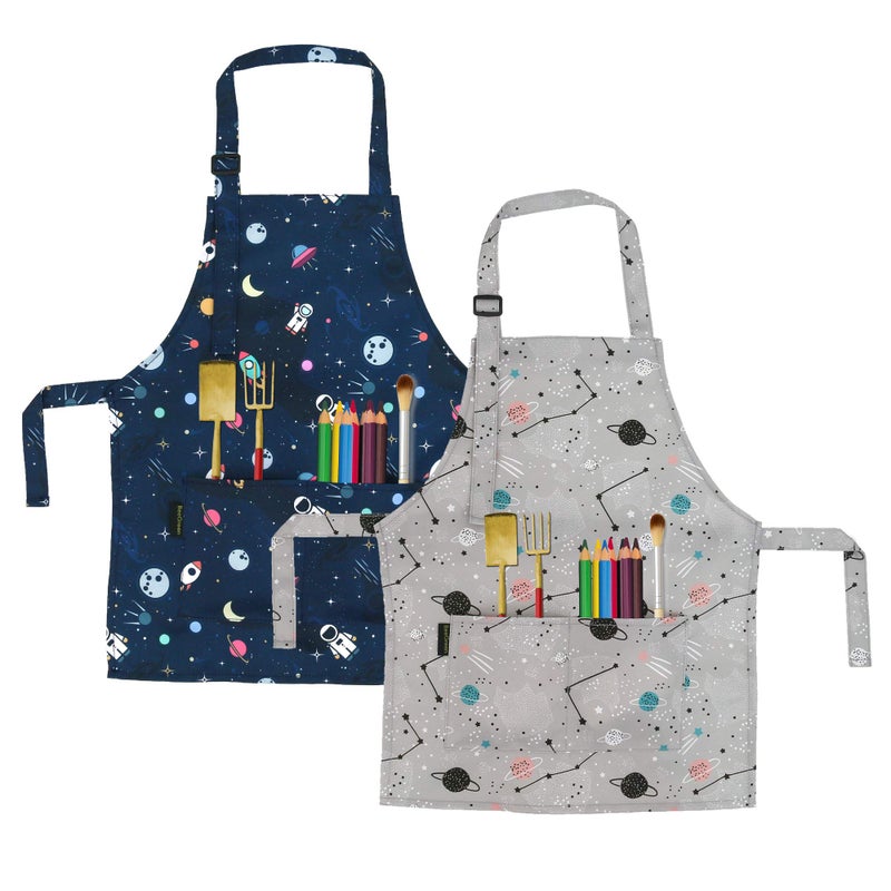 BeeGreen Rocket Planet Kids 2 Pack Cooking Aprons with Adjustable Strap Kids Kitchen Aprons with Front Pocket for Girls Toddler Painting Baking Artist Washable Foldable Lightweight - Image 1