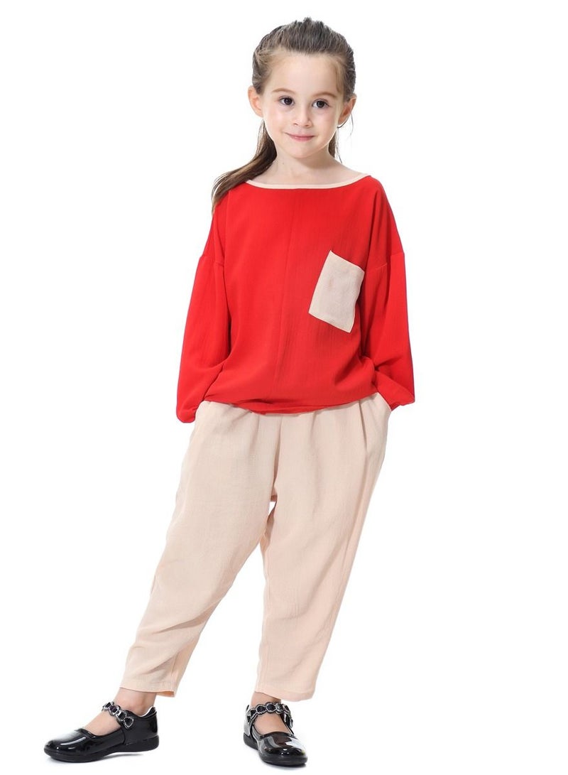 Loquat Girl's 2-Piece Set Outfit Round Neck Top And Loose Harem Pants Suit Red/Beige  - Image 1