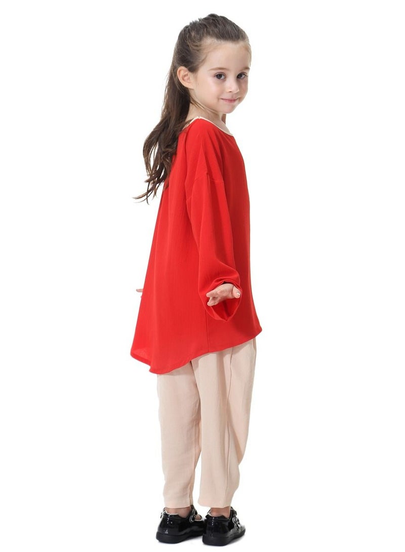 Loquat Girl's 2-Piece Set Outfit Round Neck Top And Loose Harem Pants Suit Red/Beige  - Image 2