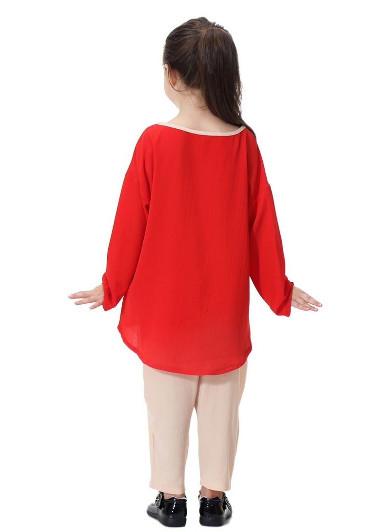 Loquat Girl's 2-Piece Set Outfit Round Neck Top And Loose Harem Pants Suit Red/Beige  - Image 3