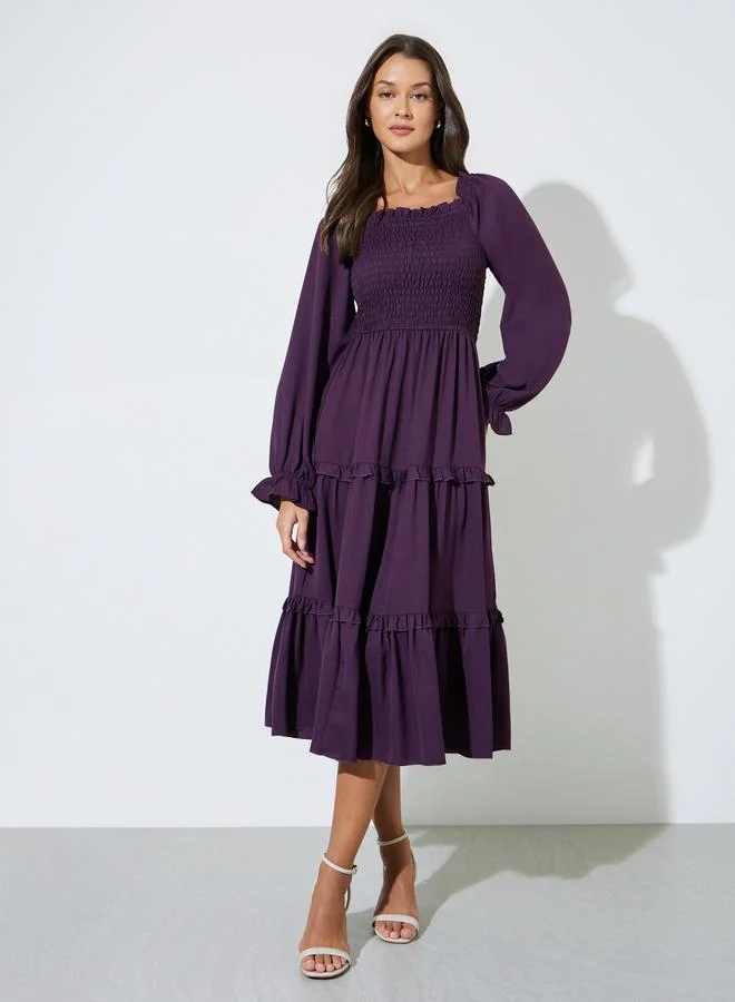 Styli Purple Solid Ruched Detail Tiered Midi Dress