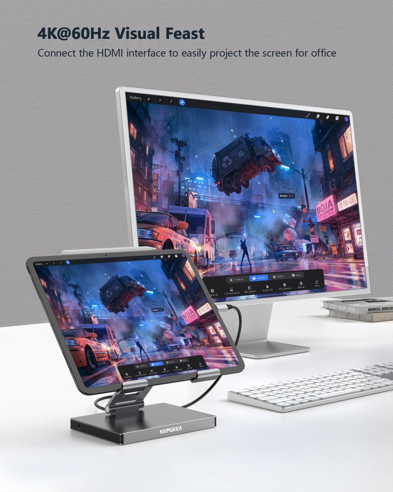 NXPGKEA محطة توصيل USB C لجهاز iPad Pro، محول 9 في 1 لجهاز iPad Pro M4 M2 13 12.9 11 بوصة، محطة توصيل قابلة للطي مع HDMI 4K 60Hz، RJ45 إيثرنت جيجابت، قارئ بطاقات SD/TF، 3 USB 3.0، صوت 3.5 مم، iPad Air - Image 3