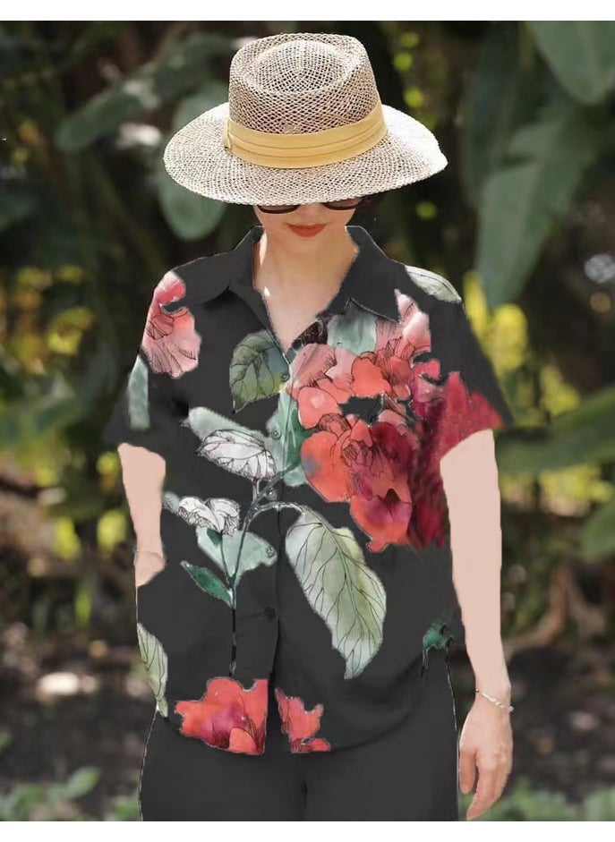 Amazon Spring and Summer plus size Loose chubby girl Elegant Casual Western Style Age-reducing Printed Shirt with Short Sleeve Lel Red
