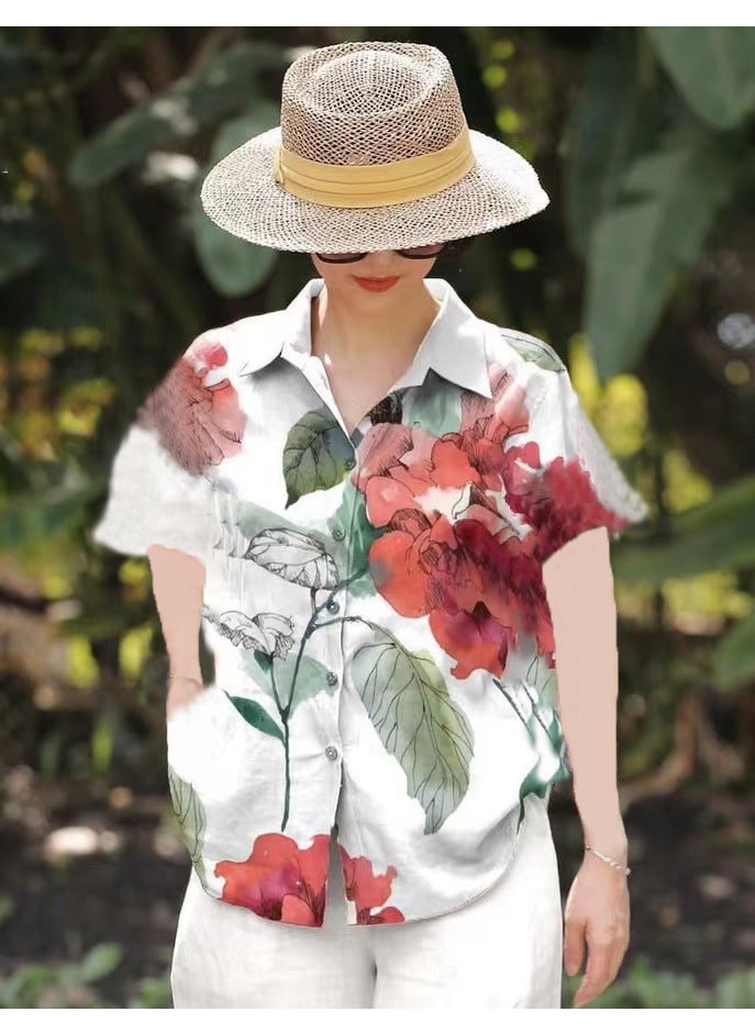 Amazon Spring and Summer plus size Loose chubby girl Elegant Casual Western Style Age-reducing Printed Shirt with Short Sleeve Lel Red