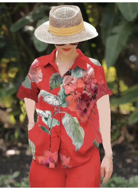 Amazon Spring and Summer plus size Loose chubby girl Elegant Casual Western Style Age-reducing Printed Shirt with Short Sleeve Lel Red