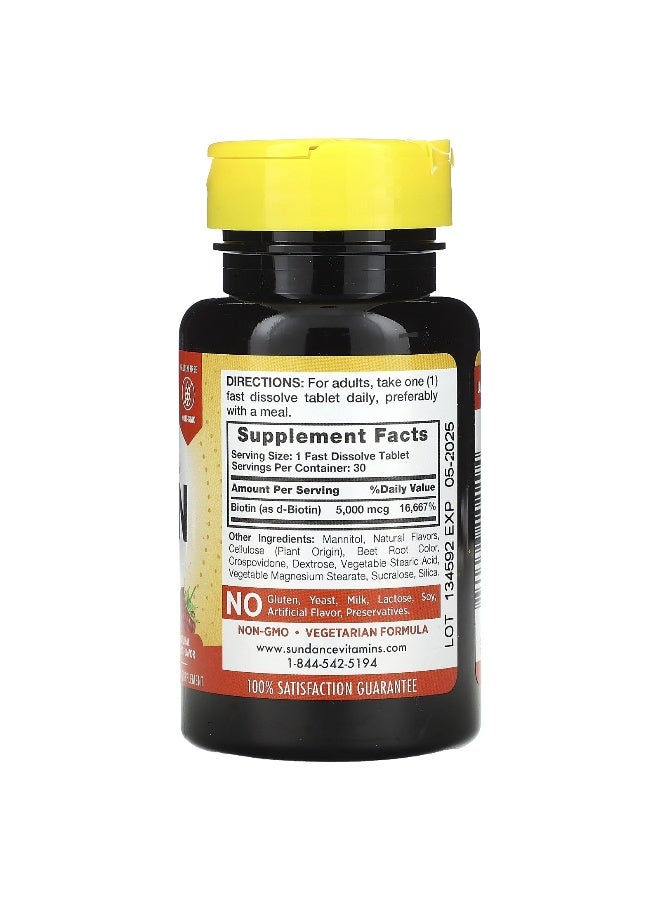 Sundance Vitamins Sundance Vitamins, Fast Dissolve Ultra Biotin, Natural Berry, 5,000 mcg, 30 Fast Dissolve Tablets  - Image 2