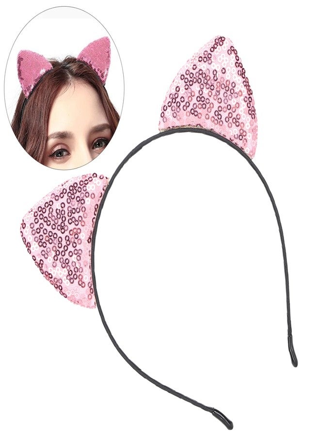 Milltrip Sequin Ear Headbands, Reversible Sequin Cat Ears Kitty Headband Pink Headband Shiny Cat Ear Hair Hoops Women's Kitty Hair Accessories(Pink) - Image 3