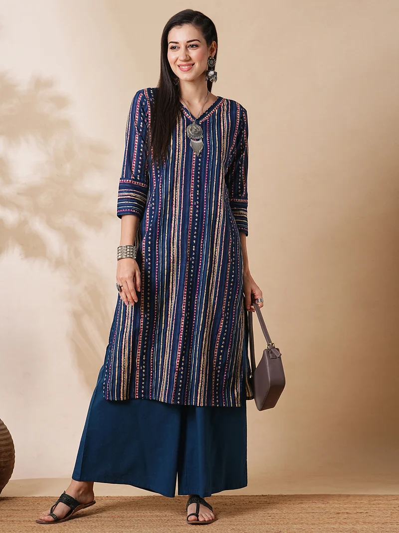 globus Women V-Neck Allover Geometric Stripe Printed Straight Kurta With Palazzos Workwear Set