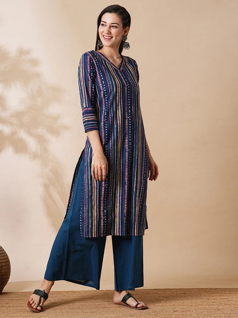 globus Women V-Neck Allover Geometric Stripe Printed Straight Kurta With Palazzos Workwear Set