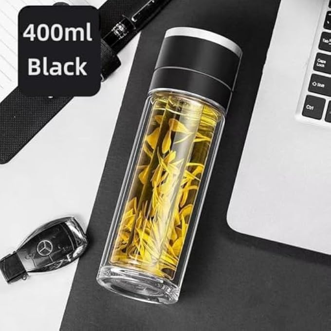 NALACAL Tea Infuser Bottle  DoubleWall Borosilicate Glass Tea Mug With Stainless Steel Filter Portable Travel Tea Tumbler With Tea Diffuser Black - Image 2