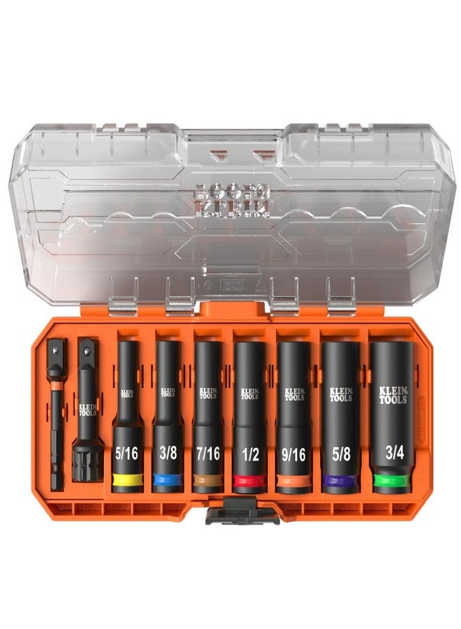 Klein Tools 65109IMPCT KNECT Deep-Well 3/8-Inch Drive Impact Socket Set, SAE, 9-Piece Tool Set with Impact Driver Adapter, Multi-Purpose Wrench Adapter, Color-Coded, MODbox Socket Organizer - Image 1