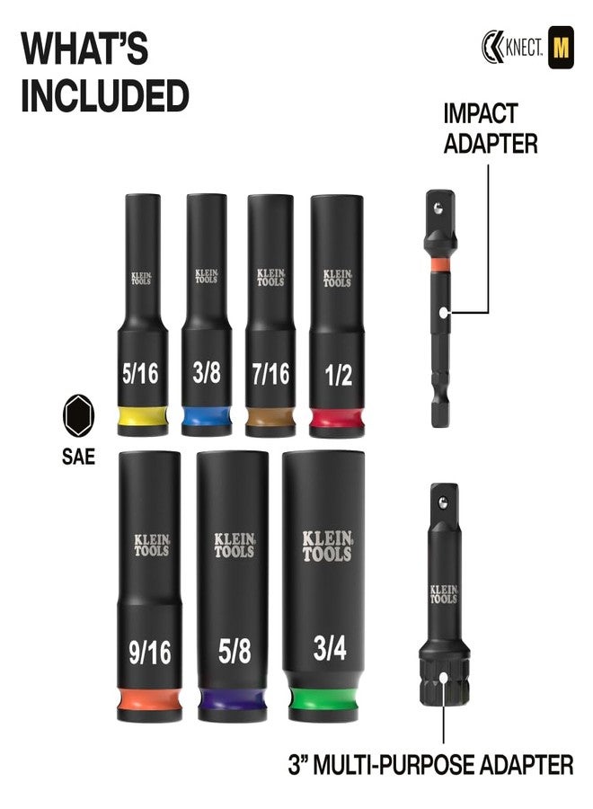Klein Tools 65109IMPCT KNECT Deep-Well 3/8-Inch Drive Impact Socket Set, SAE, 9-Piece Tool Set with Impact Driver Adapter, Multi-Purpose Wrench Adapter, Color-Coded, MODbox Socket Organizer - Image 2