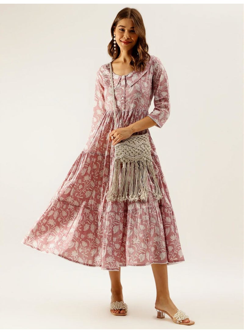 Women's Pure Cotton Tiered Midi Dress with Floral Hand Block Print & Peterpan Collar - Image 1