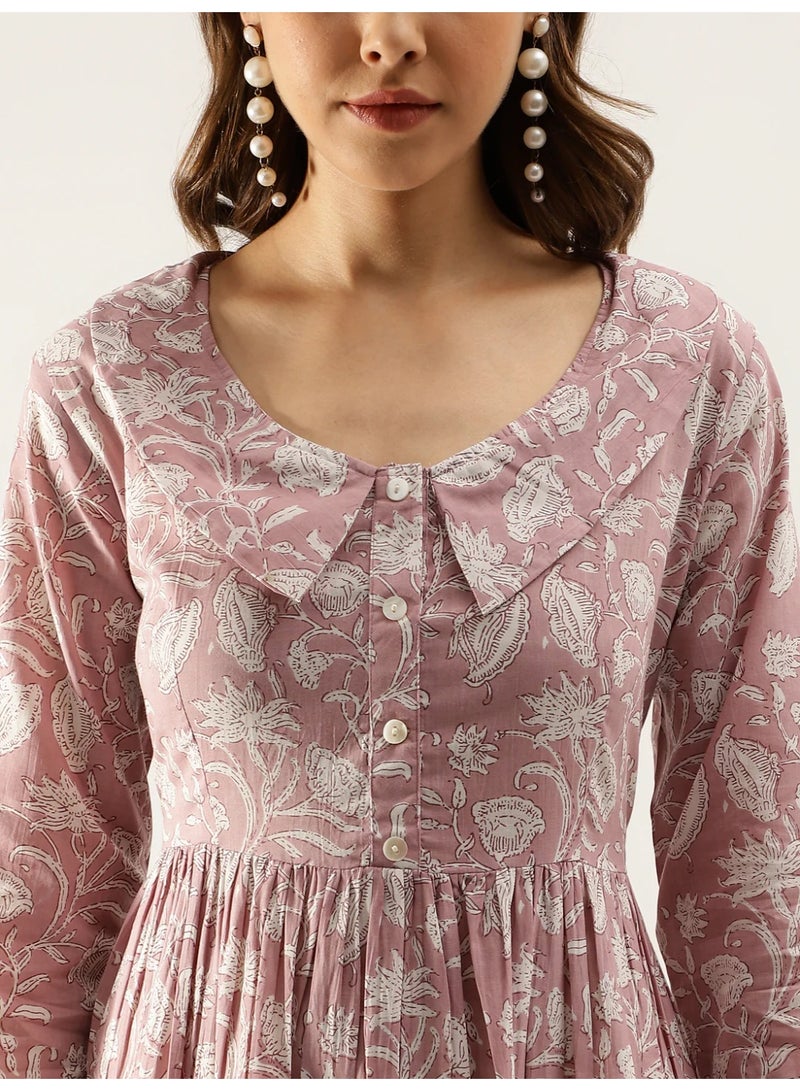 Women's Pure Cotton Tiered Midi Dress with Floral Hand Block Print & Peterpan Collar - Image 5