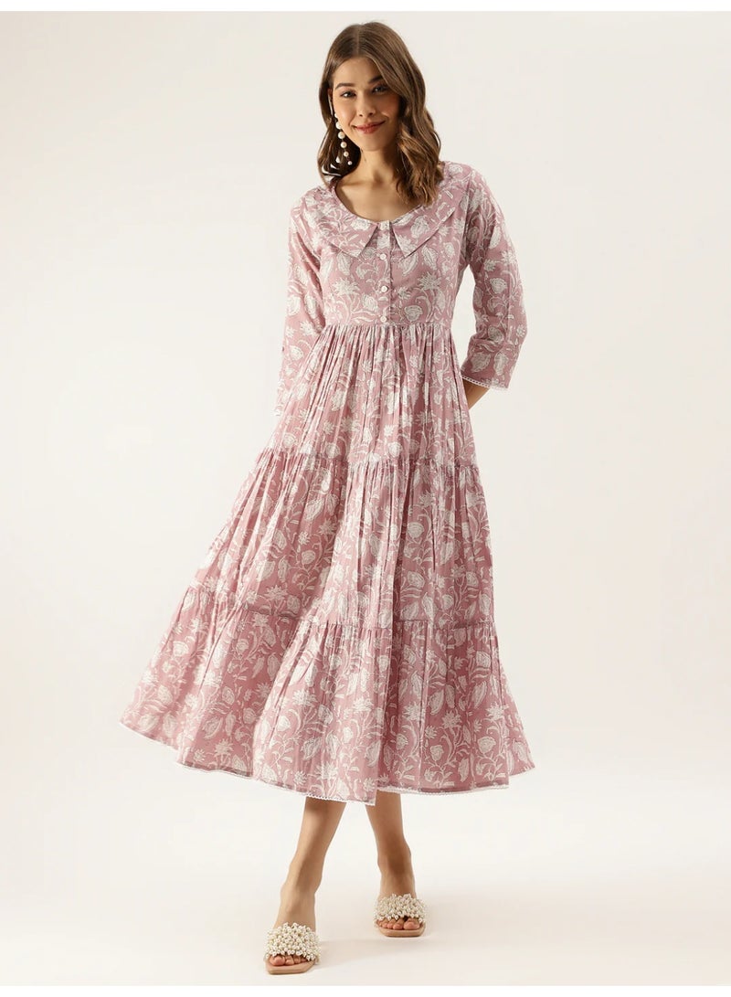 Women's Pure Cotton Tiered Midi Dress with Floral Hand Block Print & Peterpan Collar - Image 4