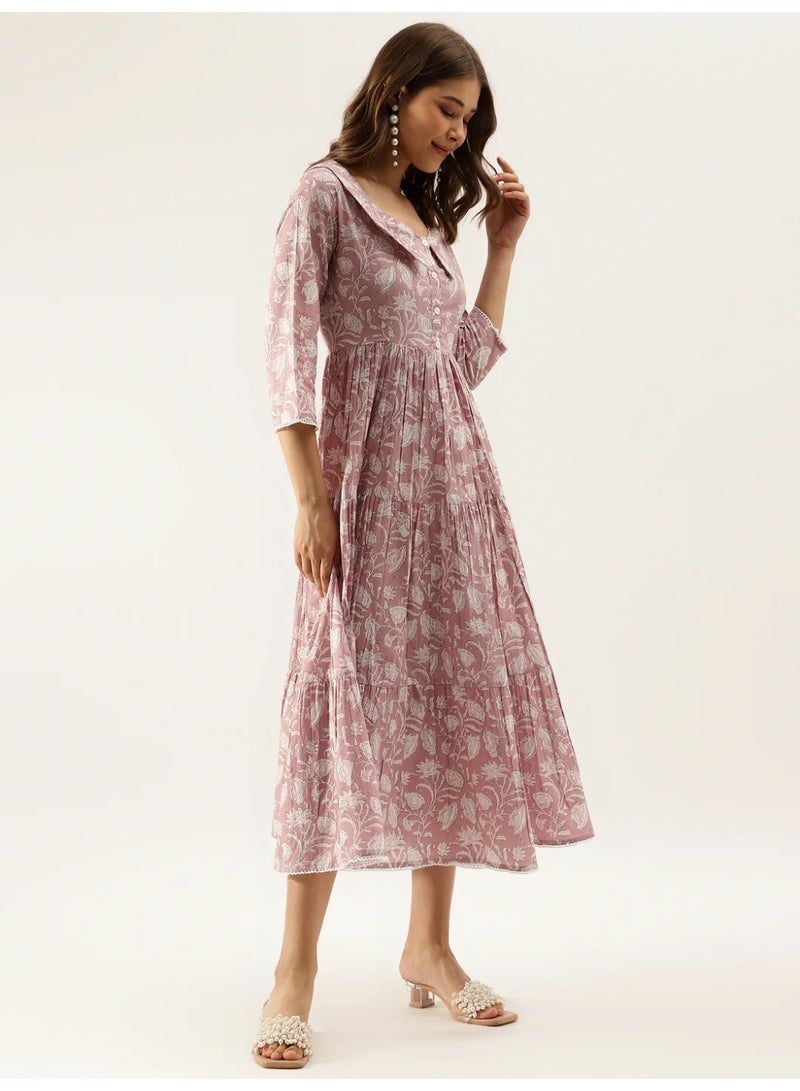 Women's Pure Cotton Tiered Midi Dress with Floral Hand Block Print & Peterpan Collar - Image 2