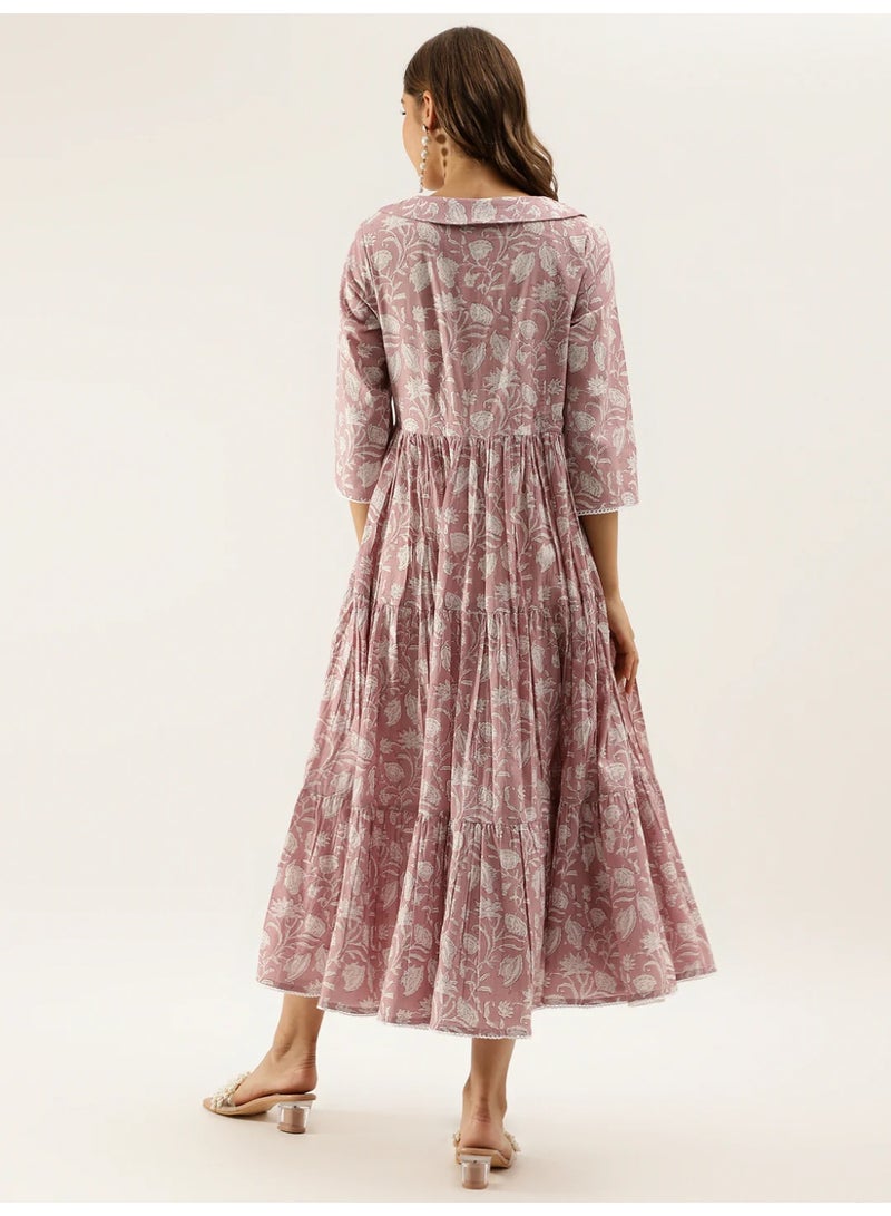Women's Pure Cotton Tiered Midi Dress with Floral Hand Block Print & Peterpan Collar - Image 3